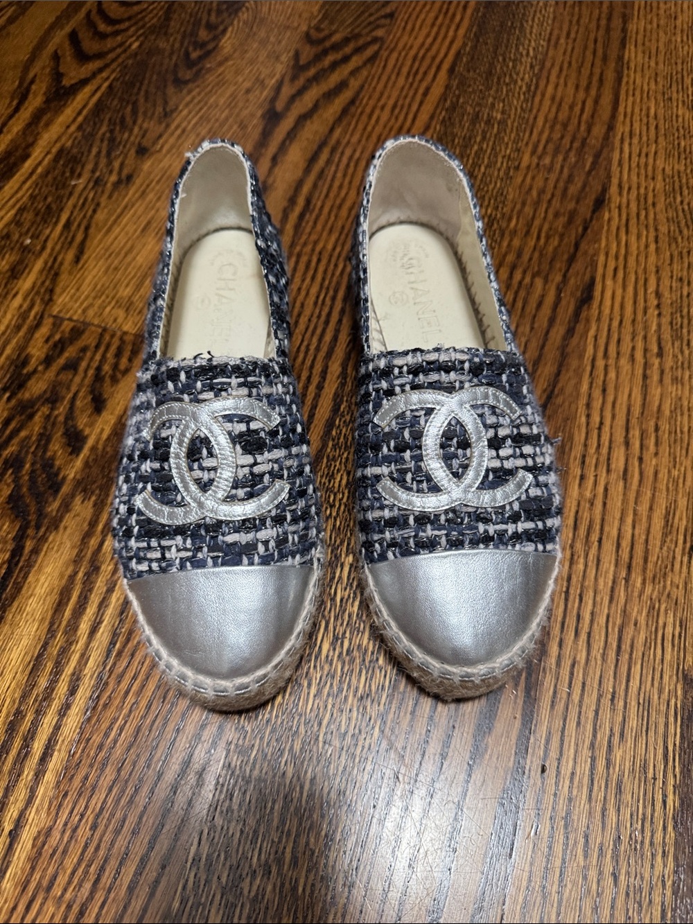 CHANEL Black & Silver Tweed Espadrilles with Metallic Cap Toe